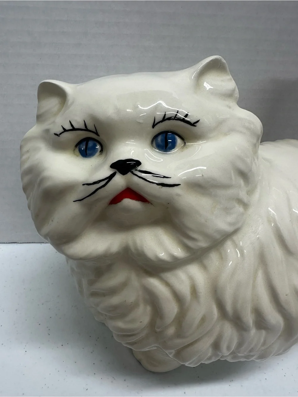 Vintage White Ceramic Persian Cat Figurine Blue Eyes Kitschy Mid Century Decor